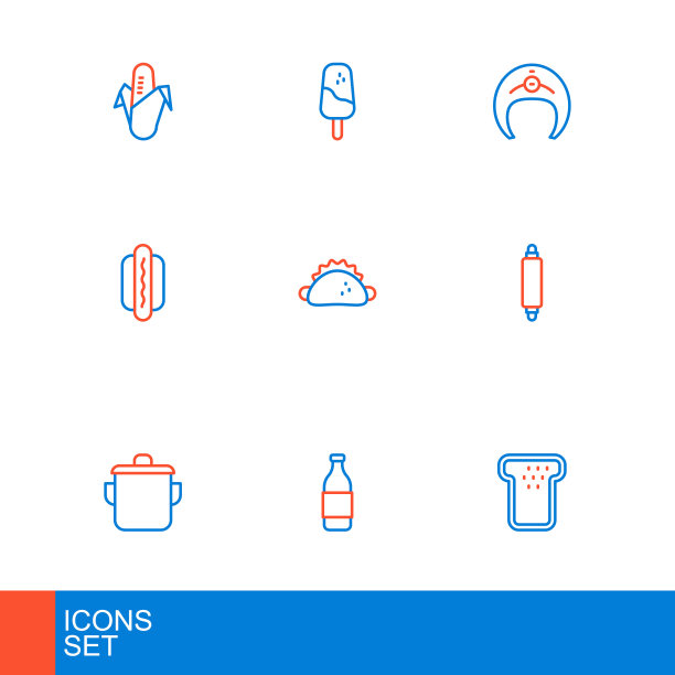 设置线面包吐司，一瓶酒，锅，擀面杖，热狗，墨西哥玉米饼，鱼牛排和冰淇淋图标。向量图片下载