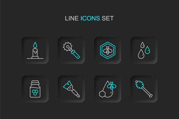 设线蜂蜜勺棒，蜜蜂和蜂窝，养蜂刷，罐，滴，刀具滚和燃烧的蜡烛图标。向量图片下载