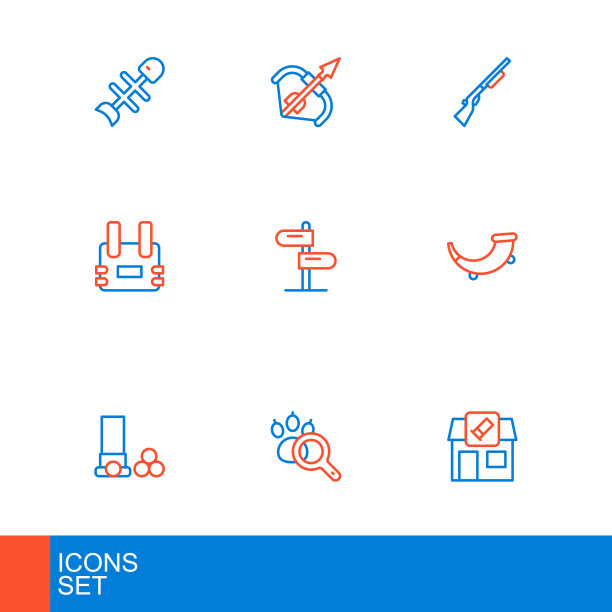 集线狩猎商店，爪搜索，弹药，号角，防弹背心，道路交通标志，枪和中世纪弓箭图标。向量图片下载