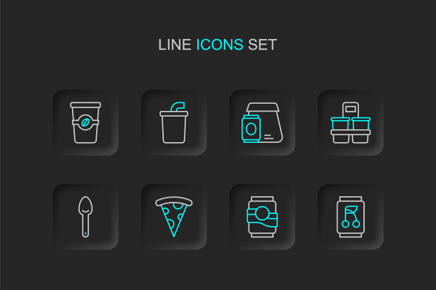 汽水罐，披萨片，勺子，外带咖啡杯，网上订餐，带水和图标的纸杯。向量图片下载