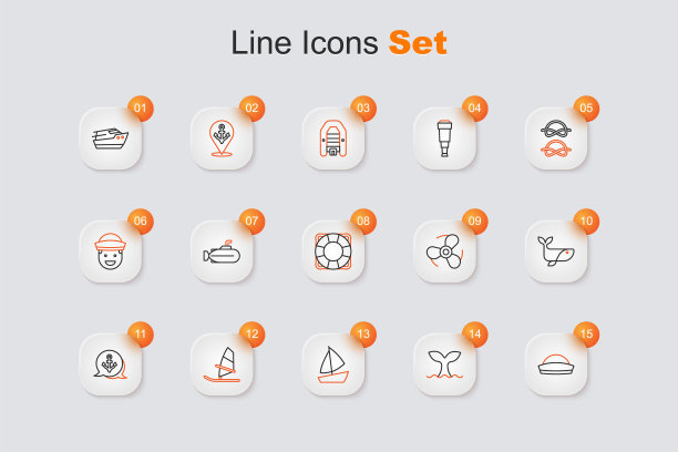 集线水手帽，鲸尾，游艇帆船，风帆冲浪，锚，船螺旋桨和救生圈图标。向量图片下载