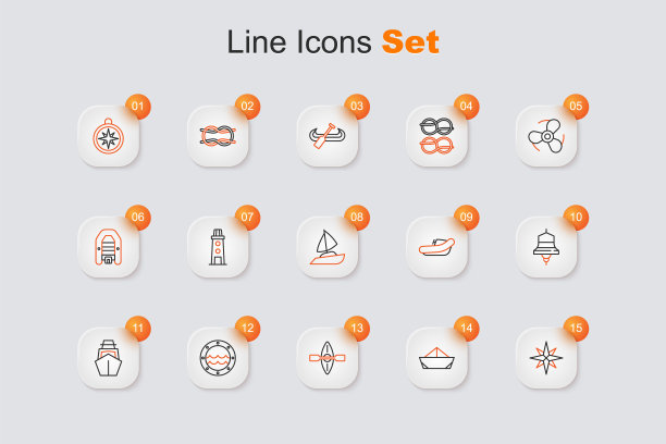 集线风玫瑰，折叠纸船，皮艇和桨，船舶舷窗，游艇帆船，钟，充气马达和图标。向量图片下载