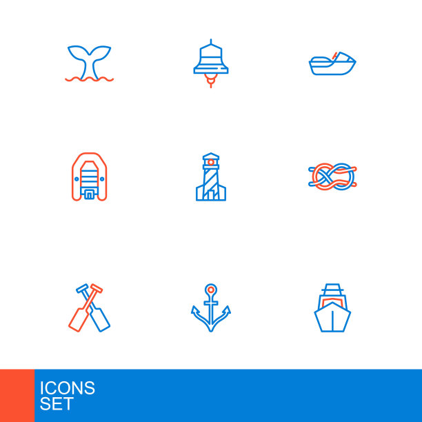 集线游艇帆船，锚，交叉桨桨，航海绳结，充气马达，灯塔，水上摩托艇和船钟图标。向量图片下载