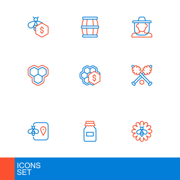 设置线蜜蜂在花，蜂蜜罐，位置，蜂蜜勺棒，蜂窝，销售蜂窝，养蜂人与保护帽和木桶图标。向量图片下载