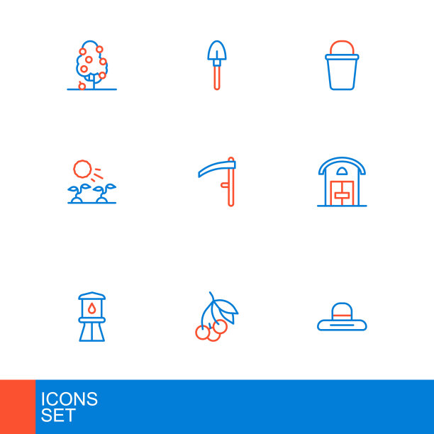 设置线农民工人帽子，新鲜浆果，水塔，房子，植物芽在阳光下生长，镰刀，桶和铲子图标。向量图片下载