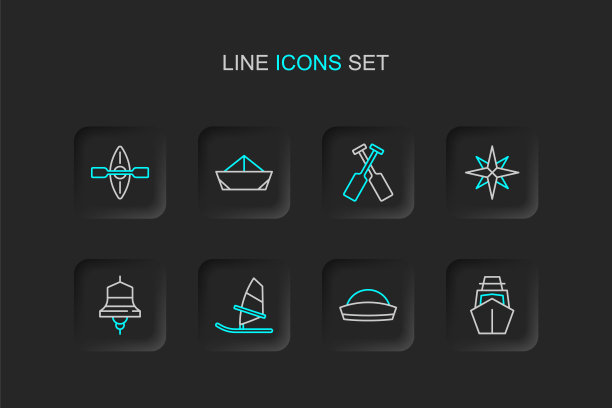 集线游艇帆船，水手帽，风帆冲浪，船钟，玫瑰，交叉桨桨，折叠纸和皮艇和图标。向量图片下载