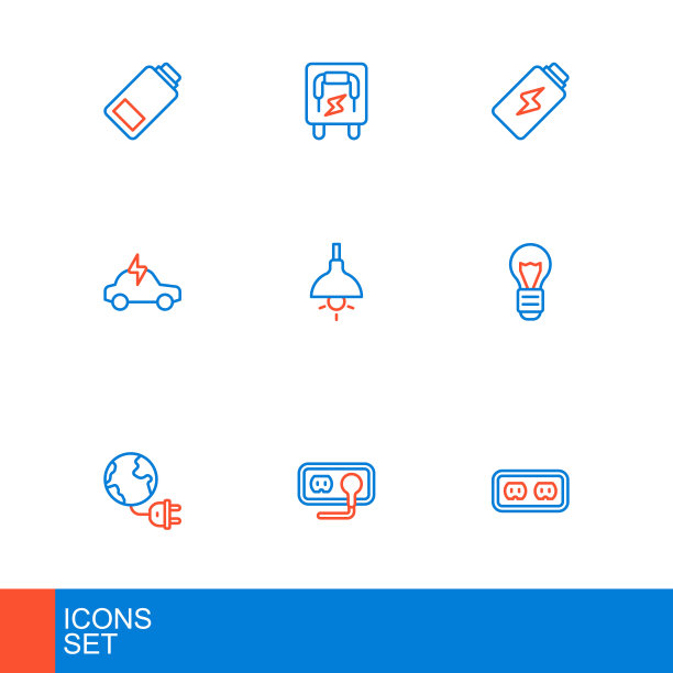 线路电源插座，全球能源星球插头，创意灯灯的想法，汽车，挂灯，电池充电和面板图标。向量图片下载