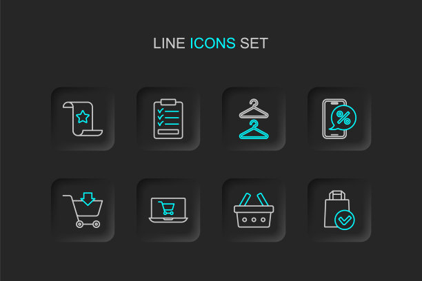 设置线纸购物袋，购物篮，购物车在屏幕上的笔记本电脑，添加，百分之几折扣电话，衣架衣柜，剪贴板与清单和财务图标。向量图片下载