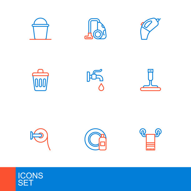 设置线毛巾衣架，洗碗瓶和盘子，厕纸卷，橡胶清洁剂的窗户，垃圾桶，水龙头，便携式真空和真空图标。向量图片下载