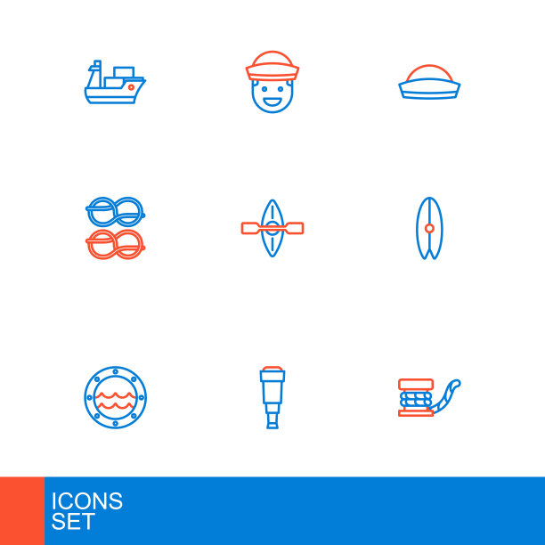 设置线海洋系柱绳，望远镜镜头，船舷窗，冲浪板，航海结，皮艇和桨，水手帽和图标。向量图片下载