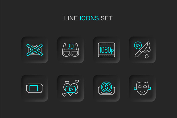 喜剧戏剧面具，电影票，浪漫电影，惊悚片，全高清1080p, 3D电影眼镜和禁止无录像图标。向量图片下载