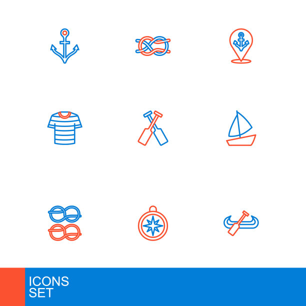 集线皮艇和桨，指南针，航海绳结，游艇帆船，条纹水手t恤，交叉桨桨，位置与锚和图标。向量图片下载