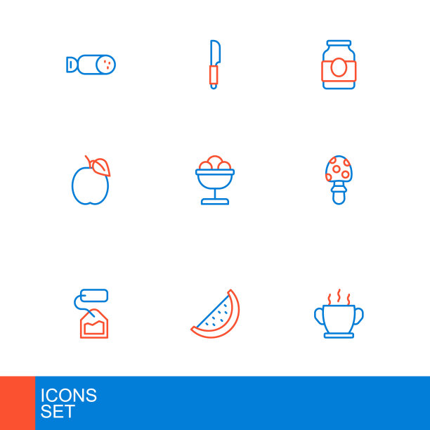 设碗热汤，西瓜，茶包，木耳，李子水果，冰淇淋在碗，果酱罐和刀图标。向量图片下载