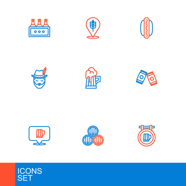 设线街道招牌啤酒，木桶，马克杯，啤酒罐，啤酒节男子，热狗三明治和小麦图标。向量图片下载