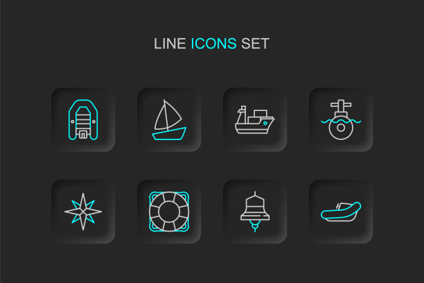 配套业务:充气船，汽艇，船铃，救生圈，风玫瑰，潜艇，货船，游艇，帆船和图标。向量图片下载