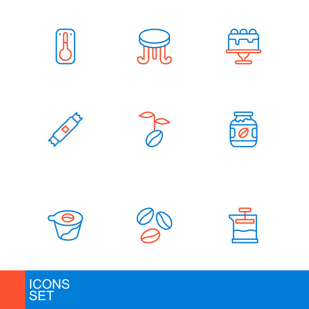 设置线法式压滤机，咖啡豆，倒在咖啡机，罐子瓶，糖棒包，蛋糕和表图标。向量图片下载