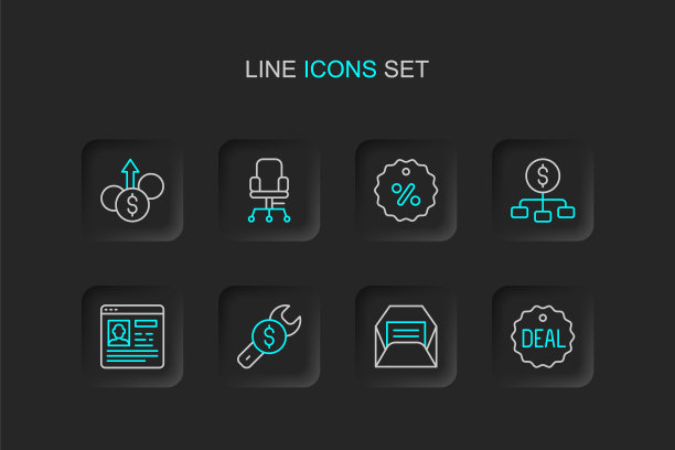 设置线交易，信封，修理价格，简历，层次结构与美元，折扣百分比标签，办公椅和财务增长图标。向量图片下载