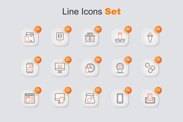 设定线食品订购的移动，在线餐，食品，饼干饼干，咖啡馆和餐厅的位置和24小时交付图标。向量图片下载