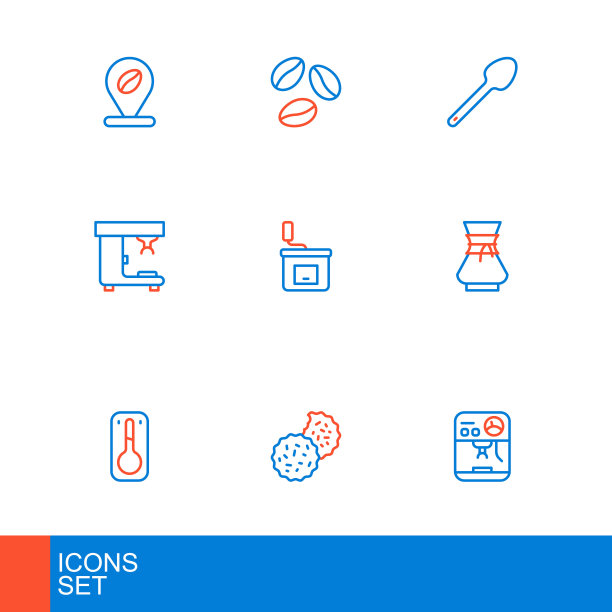 设置线咖啡机，饼干或饼干，温度计，倒咖啡机，手动研磨机，茶匙和豆子图标。向量图片下载