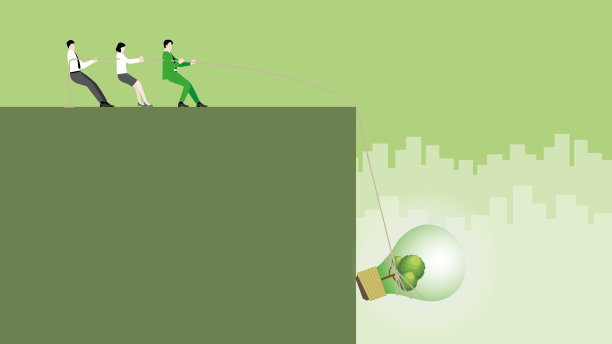 一个商业团队为一棵树大灯泡拉绳子。ESG理念，可再生能源，替代绿色能源，环境政策，净零排放，减少碳足迹，可持续发展，生态友好。图片下载