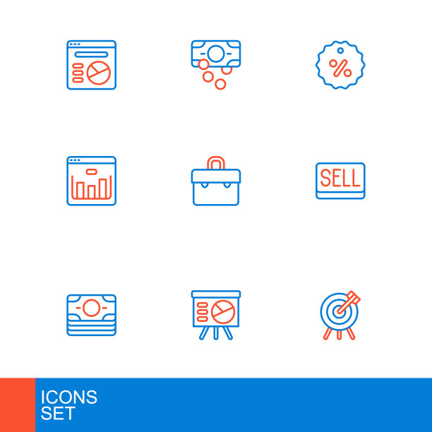 目标财务目标、带图表的板、纸币现金堆栈、销售按钮、浏览器股票市场、公文包、折扣百分比标签和图标矢量素材图片下载