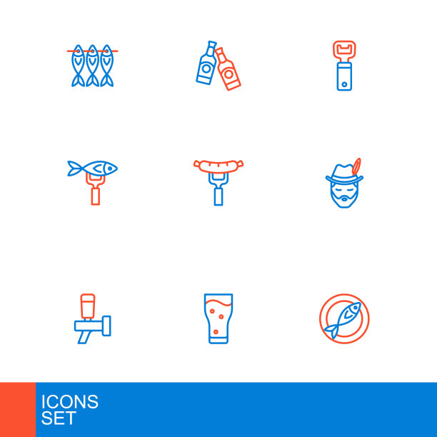 集线干鱼，啤酒，啤酒龙头，啤酒节的人，香肠上的叉子，开瓶器和瓶子图标。向量图片下载