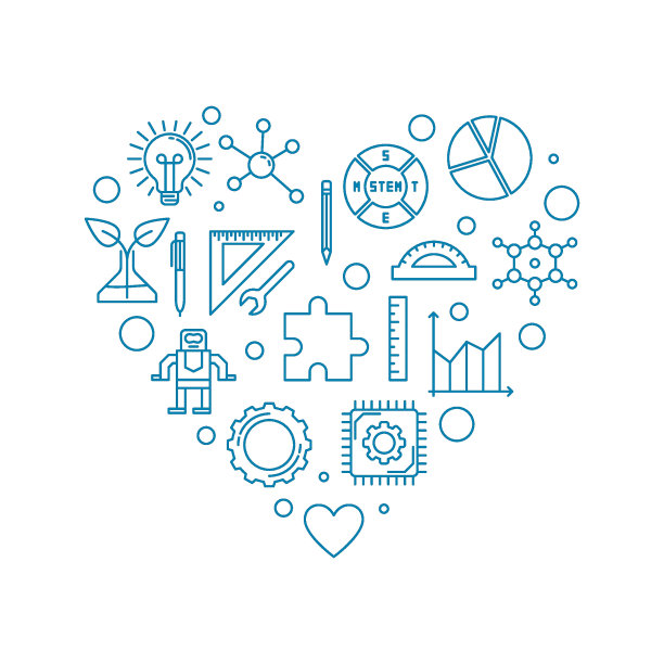 我爱STEAM教育心形彩色轮廓横幅。科学线图解图片下载