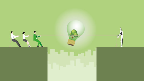 一个商业团队为一棵树大灯泡拉绳子。AI ESG理念完整，可再生绿色能源，环保政策，净零排放，碳足迹减少，可持续发展，生态友好。图片下载