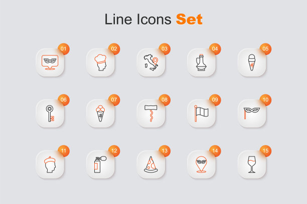 集线酒杯，狂欢节面具，披萨片，香水，法国人，意大利国旗和开瓶器图标。向量图片下载