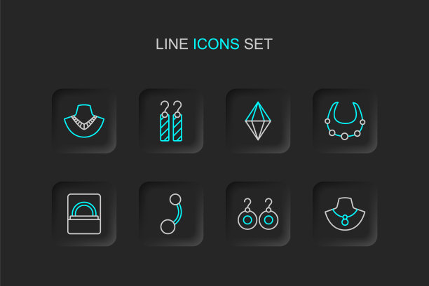 设定线项链人体模型，耳环，穿孔，钻石订婚盒，宝石石，和图标。向量图片下载