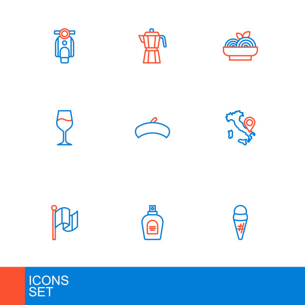 集线冰淇淋在华夫饼，香水，国旗意大利，地图，酒杯，法国贝雷帽，意大利面意大利面和咖啡机摩卡壶图标。向量图片下载