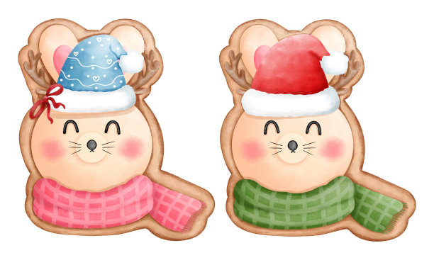 一套可爱的小兔子的水彩圣诞饼干与围巾和圣诞老人帽子剪贴画。圣诞饼干剪贴画。图片下载