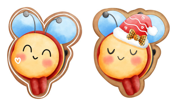 一套水彩圣诞饼干可爱的小蜜蜂与红围巾和圣诞老人的帽子。图片下载