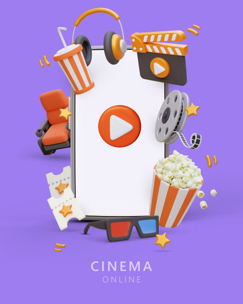 在线看电影。明亮的海报与框架的3D元素。巨大的智能手机屏幕空白图片下载