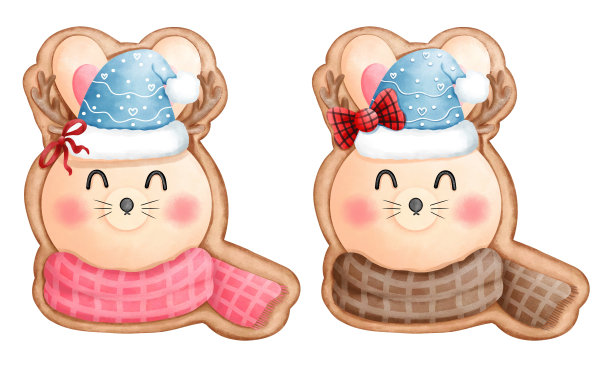 一套水彩圣诞饼干的小兔子与围巾和蓝色圣诞老人帽子剪贴画。图片下载