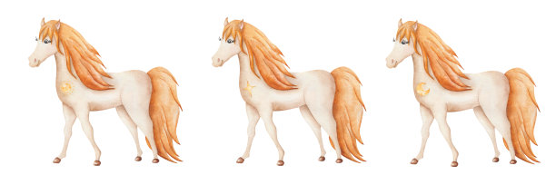 水彩插图。手绘棕色和米色马。长着金色尾巴和鬃毛的母马。纯种的种马。野马。站在侧面的卡通马动物。孤立的剪贴画横幅图片下载