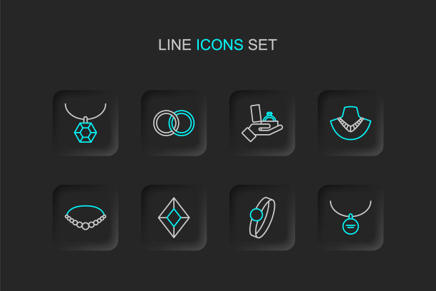 套线吊坠项链，钻石订婚戒指，宝石石，珍珠，项链人体模型，盒子，结婚戒指和吊坠图标。向量图片下载