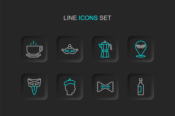 设置线瓶葡萄酒，通心粉，法国人，嘉年华面具，咖啡机摩卡壶，和杯图标。向量图片下载