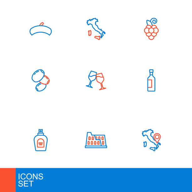 集线地图意大利，竞技场，香水，瓶装葡萄酒，橄榄，酒杯，葡萄水果和图标。向量图片下载