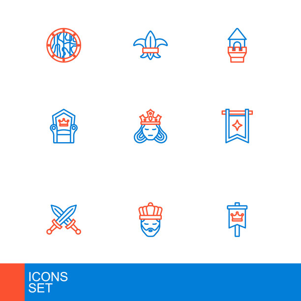 集线中世纪旗帜，国王与皇冠，交叉中世纪剑，宝座，公主女王，城堡塔和芙蓉德百合花图标。向量图片下载