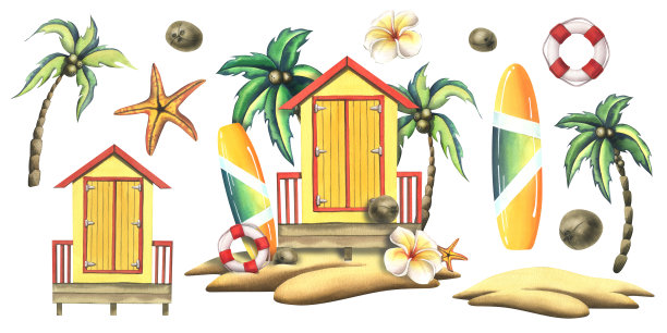 热带岛屿上的一间带有冲浪板、椰子和救生圈的木制条纹海滩小屋。水彩插图手绘。白色背景上的一组孤立元素。图片下载