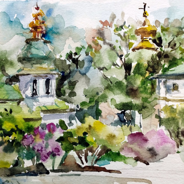 水彩画彩色明亮纹理抽象背景手工制作。景观。历史悠久的东正教修道院建筑群图片下载