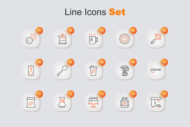 设置线咖啡机，瓶子，蛋糕，倒在咖啡机，袋豆，过滤器支架，摩卡壶和杯子去图标。向量图片下载