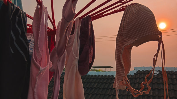 日落时内衣和胸罩的晾衣绳图片下载