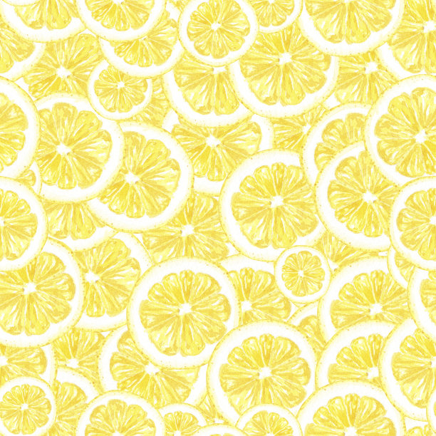 水彩无缝图案柠檬，片，花，叶在白色的背景，手绘在植物的风格，为节日，婚礼，食品设计。一种热带水果，用于包装、卡片的装饰图片下载
