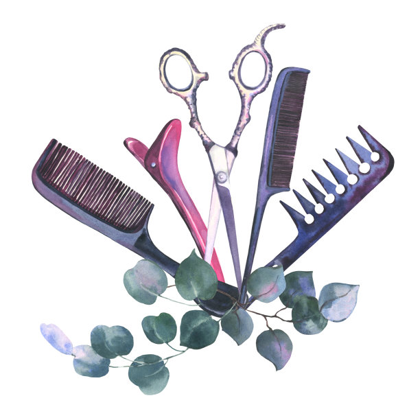 水彩美发插图。理发店布景。手绘美发师工具。设计logo, t恤，制服。图片下载