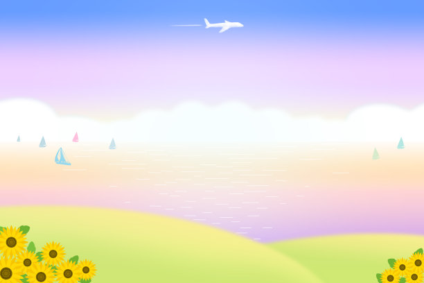 向日葵在绿色的山上，一架飞机和游艇在黄昏日落或日出大海的背景插图图片下载