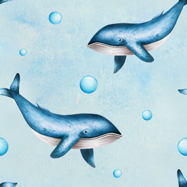 水彩无缝图案与蓝鲸隔离在白色背景。手绘现实的北极和南极海洋哺乳动物。用于设计师，装饰，明信片，包装纸，剪贴簿，封面，标志，邀请函，海报和纺织品图片下载