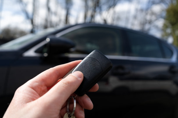 一名男子手持遥控车钥匙，旁边是一辆黑色车辆。图片下载