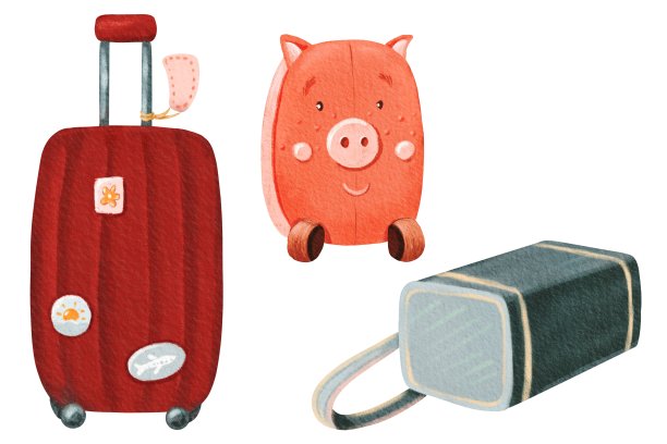 为家庭旅行做好准备。用贴纸和徽章装饰的红色手提箱。灰色运动包。带轮子的儿童小手提箱。玫瑰猪。游客的手提行李。水彩孤立插图。图片下载